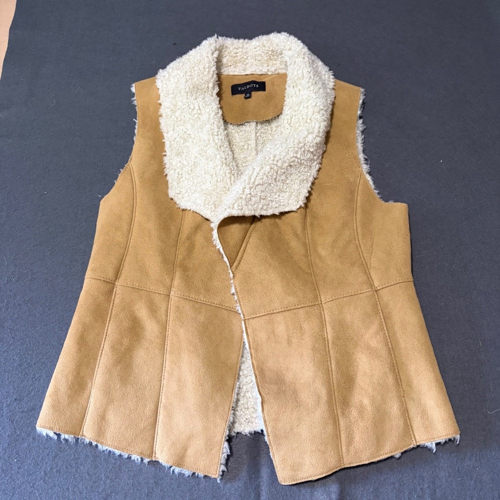 Talbots Faux Suede Shearling Vest Womens Size M Tan Boho Country Core Fall